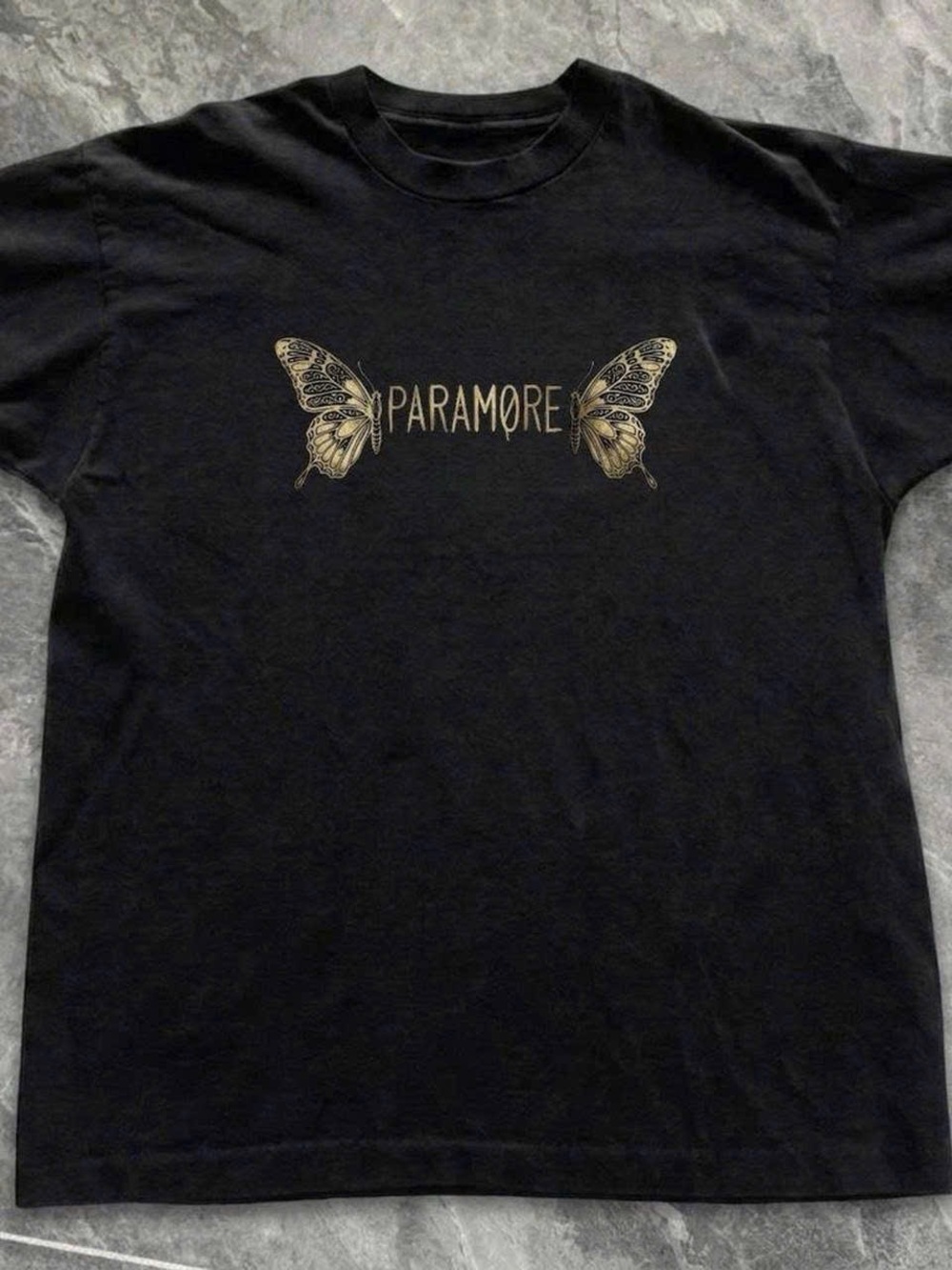 Black Short Sleeve Tee with Gold Butterfly Paramore Logo